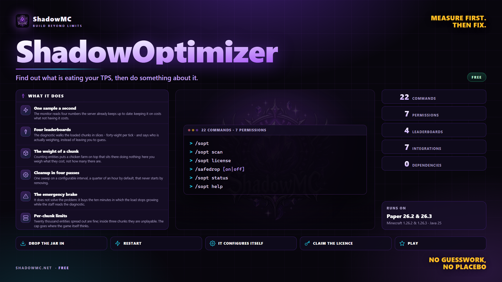 ShadowOptimizer — Monitor dei TPS, diagnostica leggibile del lag, pulizia intelligente e stacking.