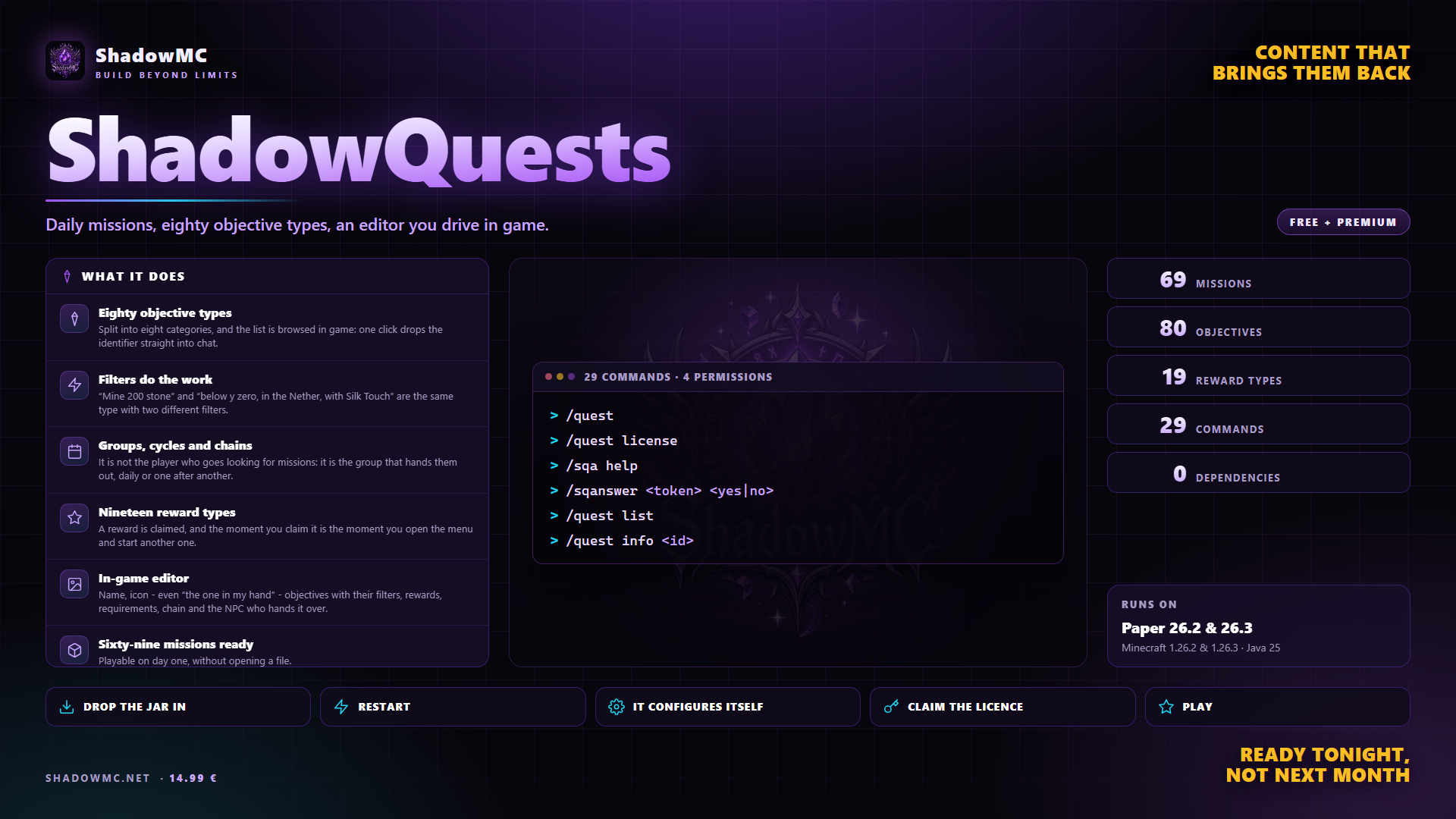ShadowQuests — Daily missions, eighty objective types, an editor you drive in game.